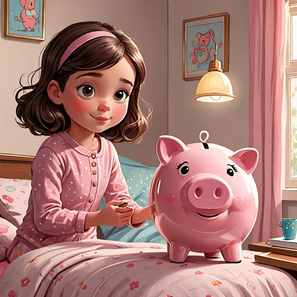 a little girl sitting on a bed next to a piggy bank in a bedroom with pink walls and a pink bed, photorealism, a storybook illustration, Alejandro Burdisio, storybook illustration