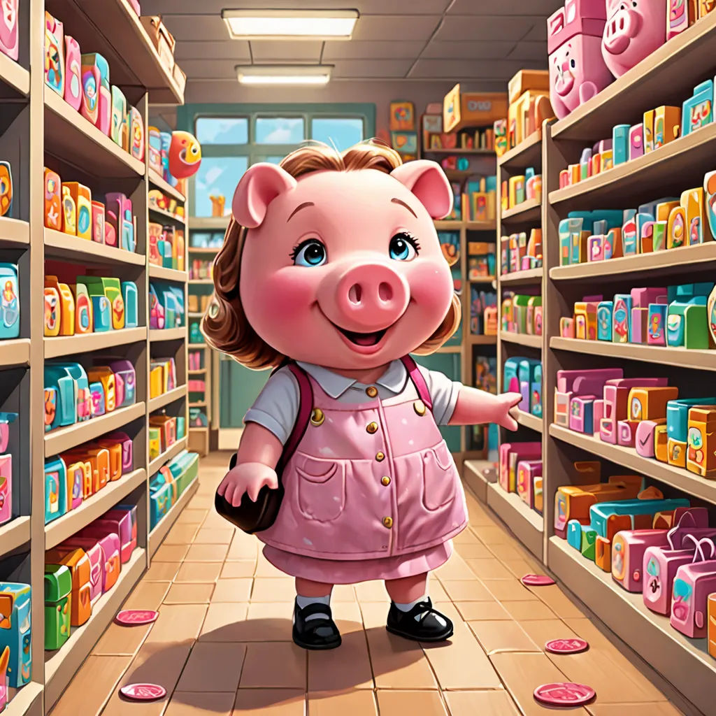 a cartoon pig is standing in a store aisle with a pink pig in the background and lots of shelves of pink and yellow boxes, photorealism, a storybook illustration, Chris LaBrooy, storybook illustration