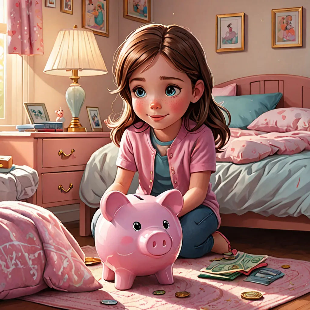 a girl sitting on the floor with a piggy bank in front of her and a bed in the background, american scene painting, a storybook illustration, Bob Byerley, storybook illustration