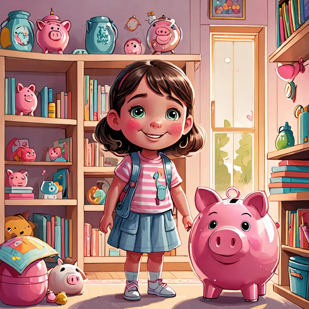 a girl standing next to a pig in a room full of books and toys, with a bookcase full of books, pop surrealism, a storybook illustration, Diego Gisbert Llorens, storybook illustration