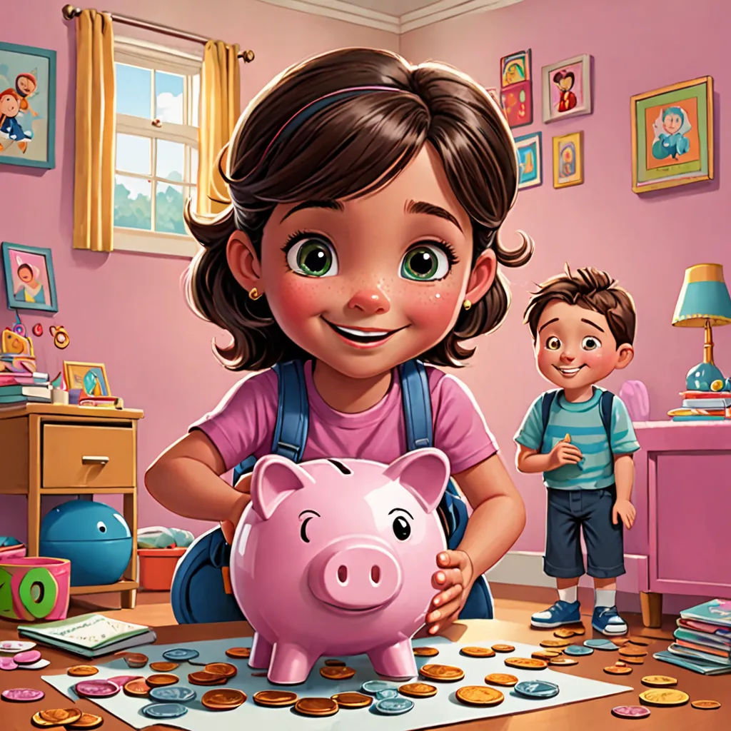 a girl and a boy are playing with a piggy bank in a pink room with a pink wall, sots art, a storybook illustration, Aaron Jasinski, storybook illustration