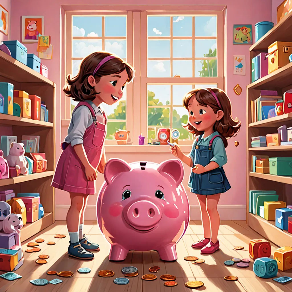 two girls are putting coins into a piggy bank in a pink room with shelves full of toys and a window, american scene painting, a storybook illustration, Aaron Jasinski, official art