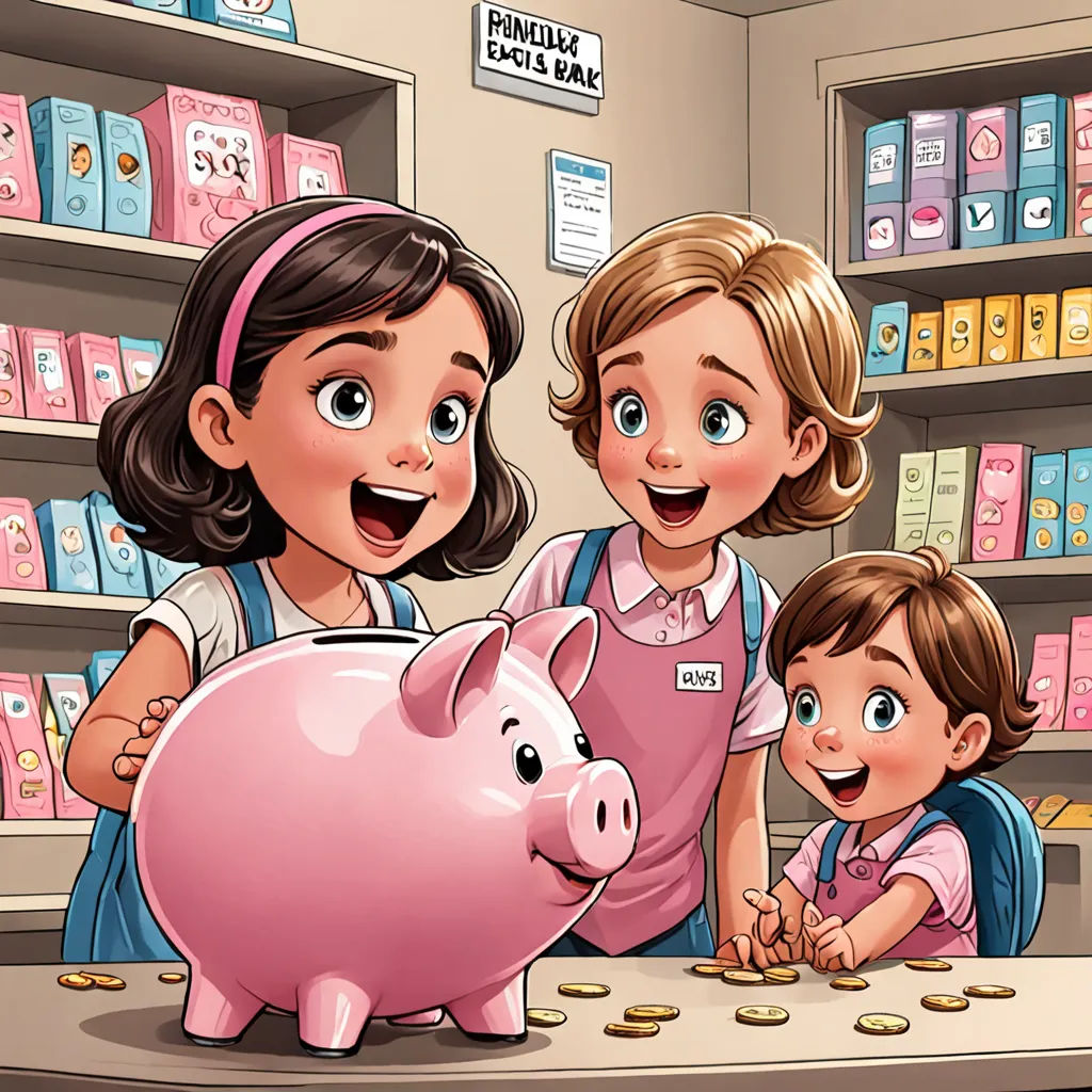 a woman and two children are putting coins into a piggy bank in a store with a pink pig, lyco art, a storybook illustration, Diego Gisbert Llorens, storybook illustration