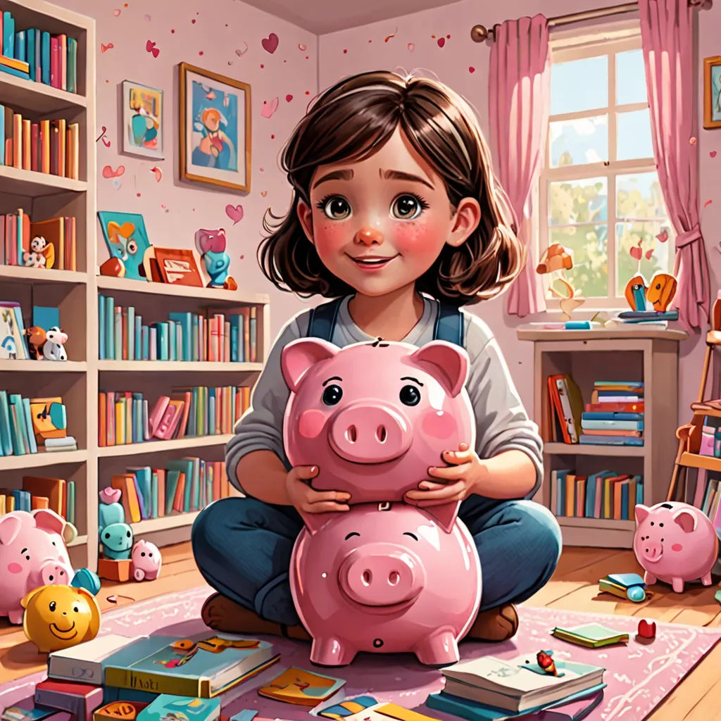 a girl is holding a pig in a room full of books and toys, and a pink rug is on the floor, photorealism, a storybook illustration, Diego Gisbert Llorens, storybook illustration