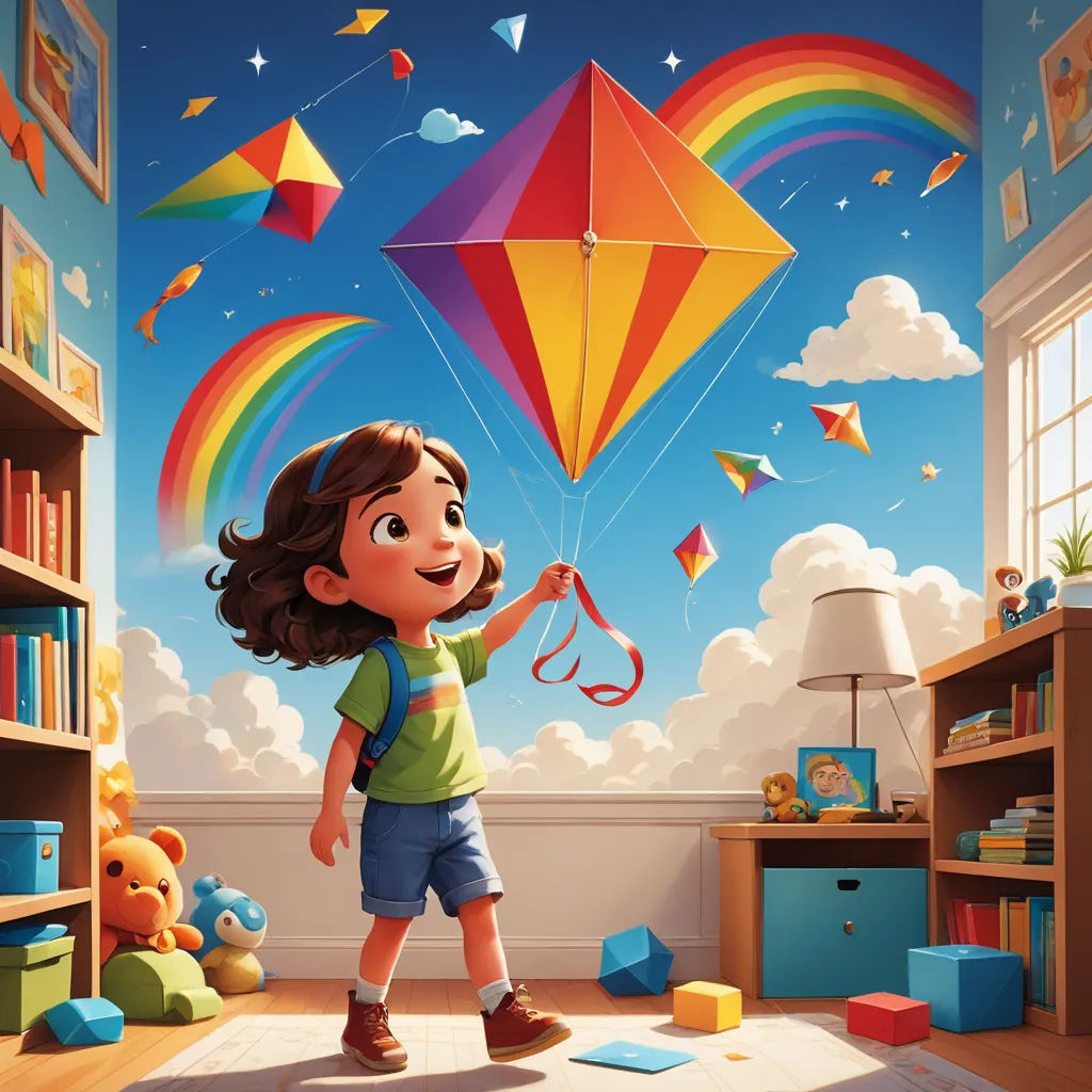 a girl flying a kite in a room with toys and books on the floor and a rainbow mural behind her, american scene painting, a storybook illustration, Chris LaBrooy, rossdraws global illumination