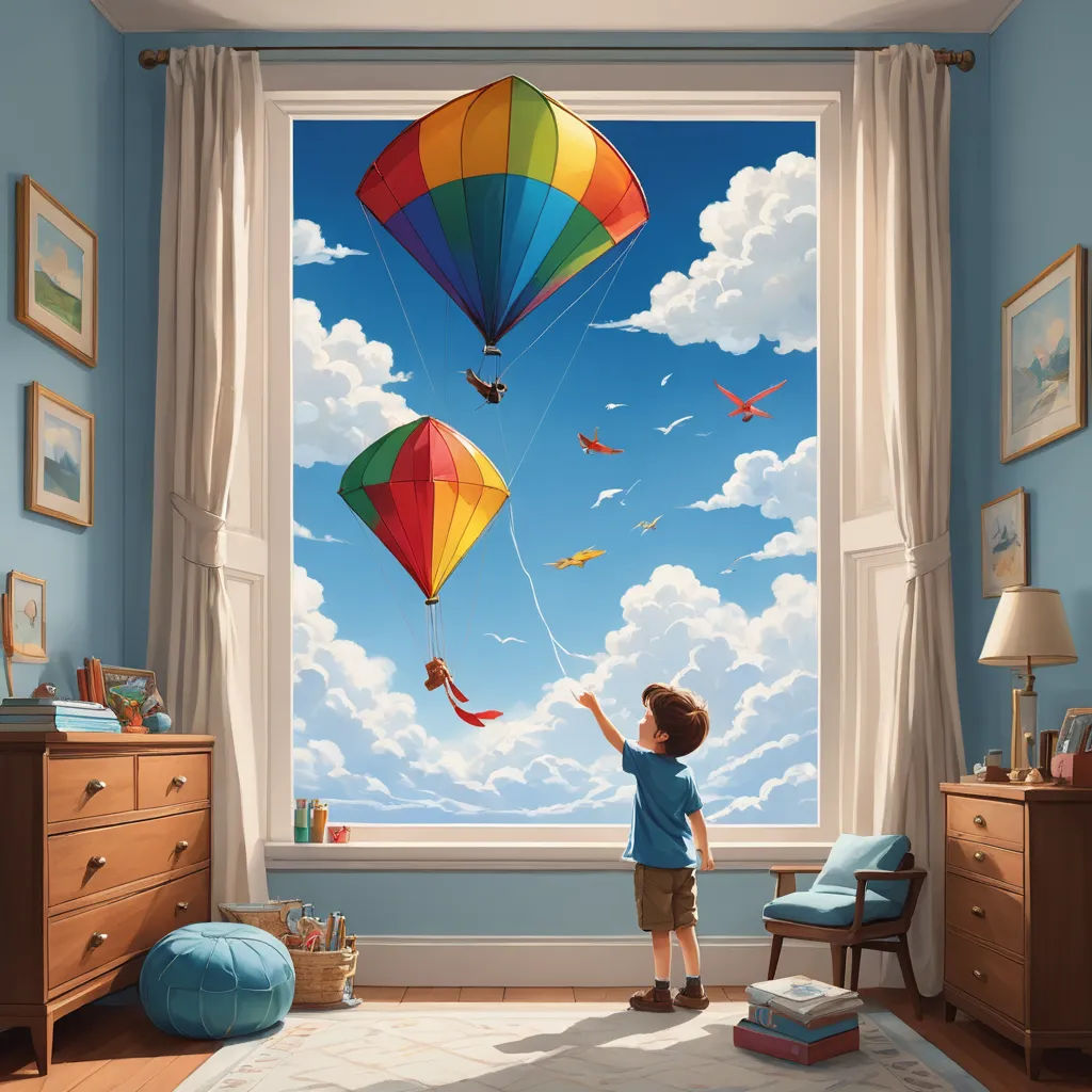 a child is flying a kite in a room with a window and a blue wall and a blue chair, magic realism, an ultrafine detailed painting, Chris LaBrooy, highly detailed digital painting