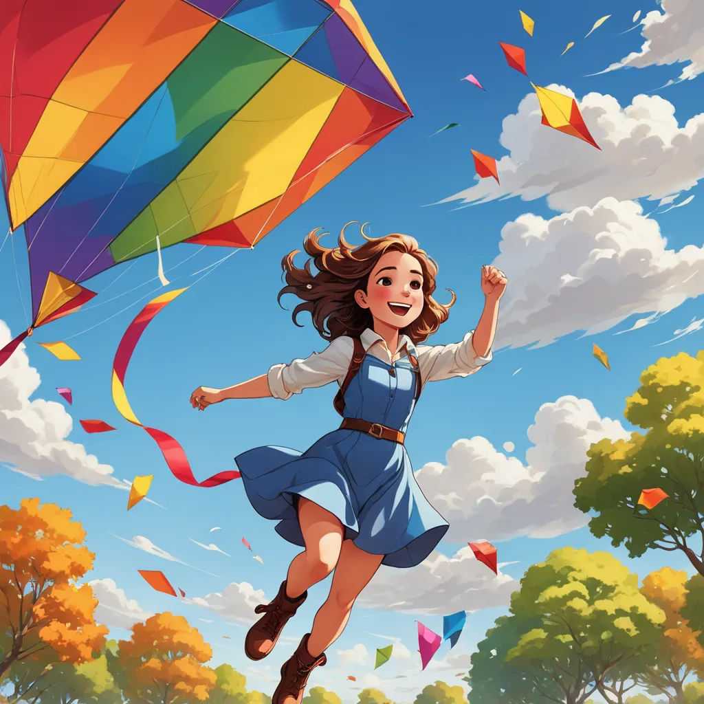 a girl flying a kite in the sky with a rainbow kite in the background and a colorful kite in the air, fantasy art, an ultrafine detailed painting, Cyril Rolando, rossdraws global illumination