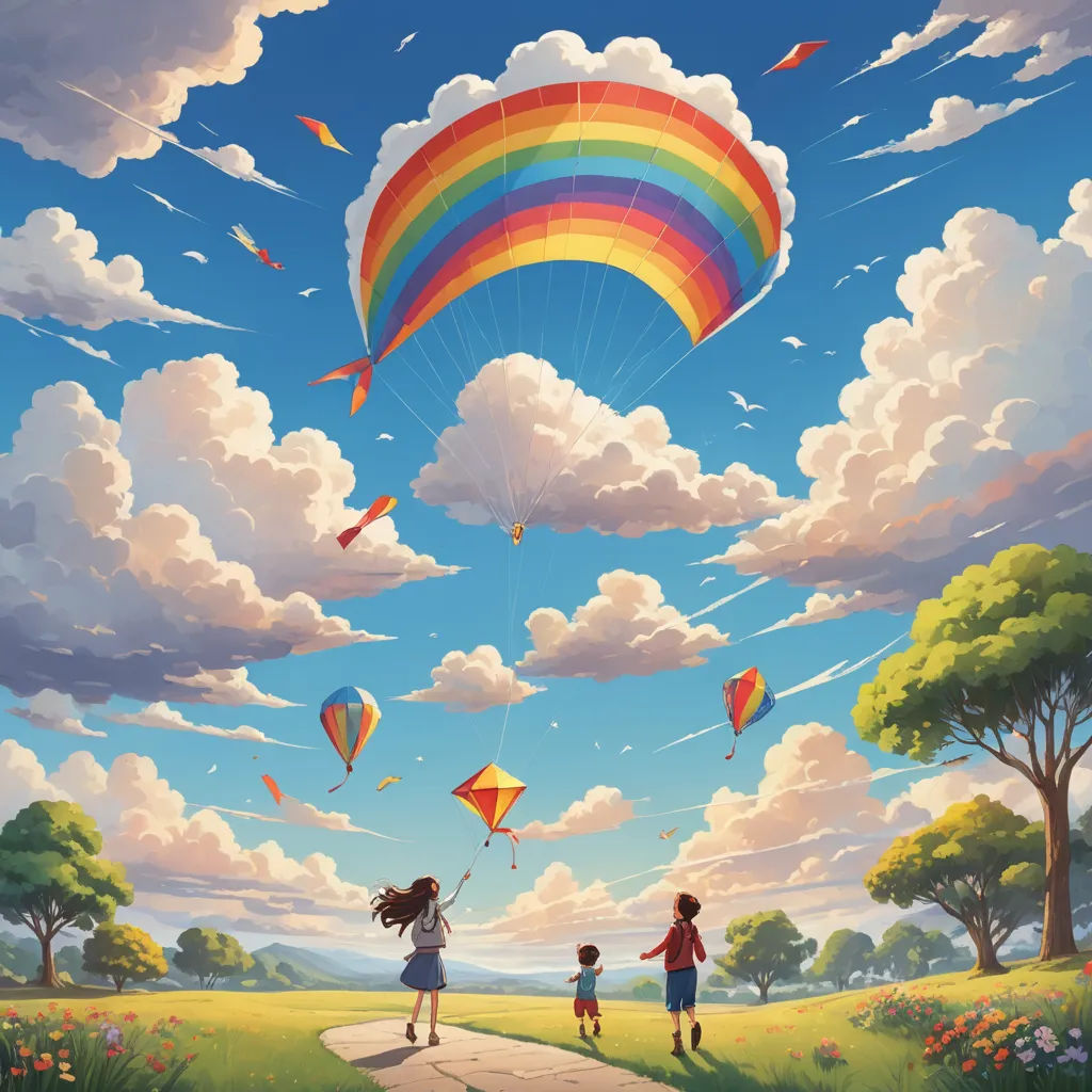 a painting of a woman and two children flying kites in a field with a rainbow colored sky above, naive art, a storybook illustration, Chris LaBrooy, storybook illustration
