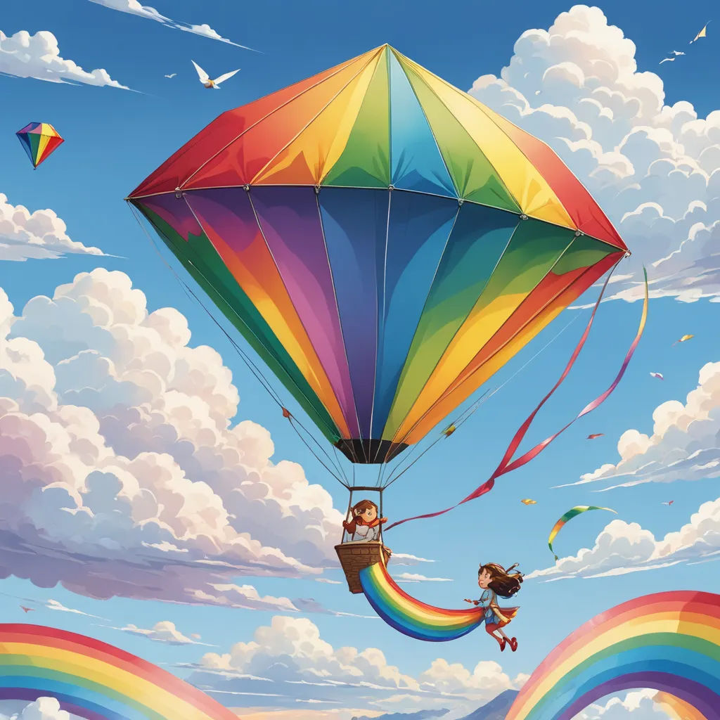 a painting of a person flying in a rainbow colored kite with a rainbow colored kite behind them and a rainbow colored kite in the sky, fantasy art, a storybook illustration, Chris LaBrooy, colorful flat surreal design
