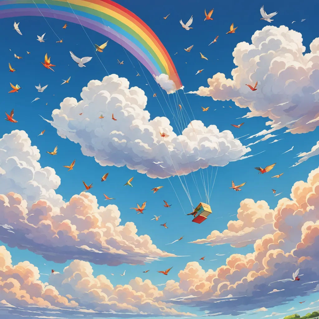 a painting of a rainbow and a kite in the sky with clouds and birds flying around it and a rainbow in the sky, pop surrealism, a storybook illustration, Chris LaBrooy, colorful clouds