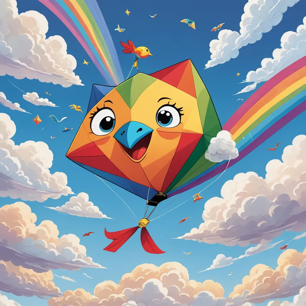 a colorful kite flying through a cloudy blue sky with a rainbow in the background and a bird on the front, pop surrealism, poster art, Chris LaBrooy, promotional image