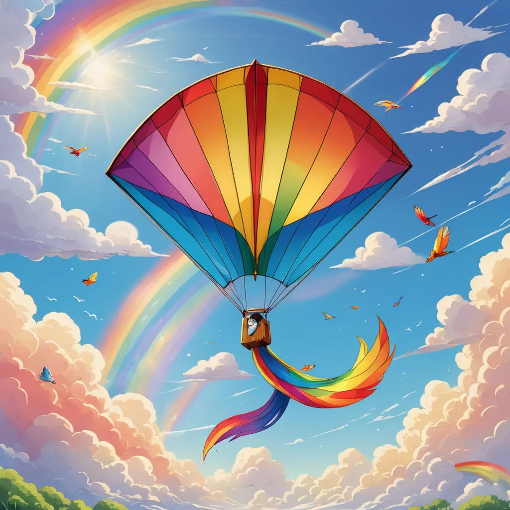 a painting of a person flying a kite in the sky with a rainbow in the background and a rainbow in the sky, psychedelic art, a storybook illustration, Chris LaBrooy, sky