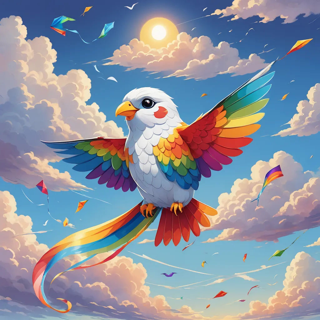 a colorful bird flying through a cloudy sky with kites in the background and sun in the sky above, fantasy art, an airbrush painting, Chris LaBrooy, rossdraws global illumination