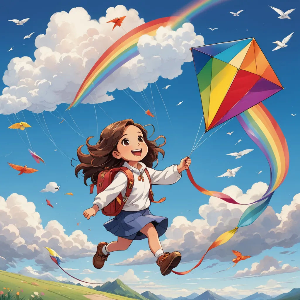 a girl flying a kite in the sky with a rainbow in the background and birds flying around her,, naive art, a storybook illustration, Cyril Rolando, trending on art station