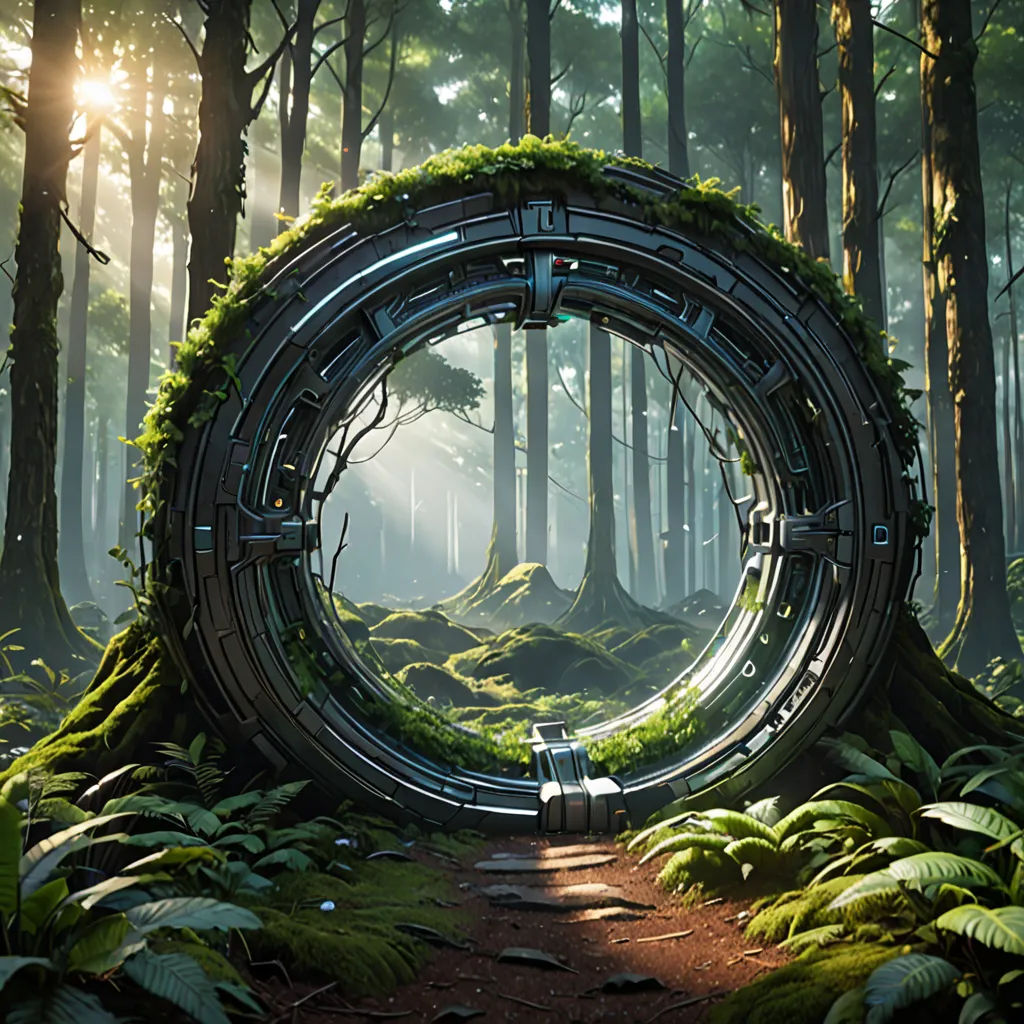 a circular tunnel in the middle of a forest with a bench in the middle of the tunnel and a light shining through the trees, environmental art, a detailed matte painting, Filip Hodas, unreal 5