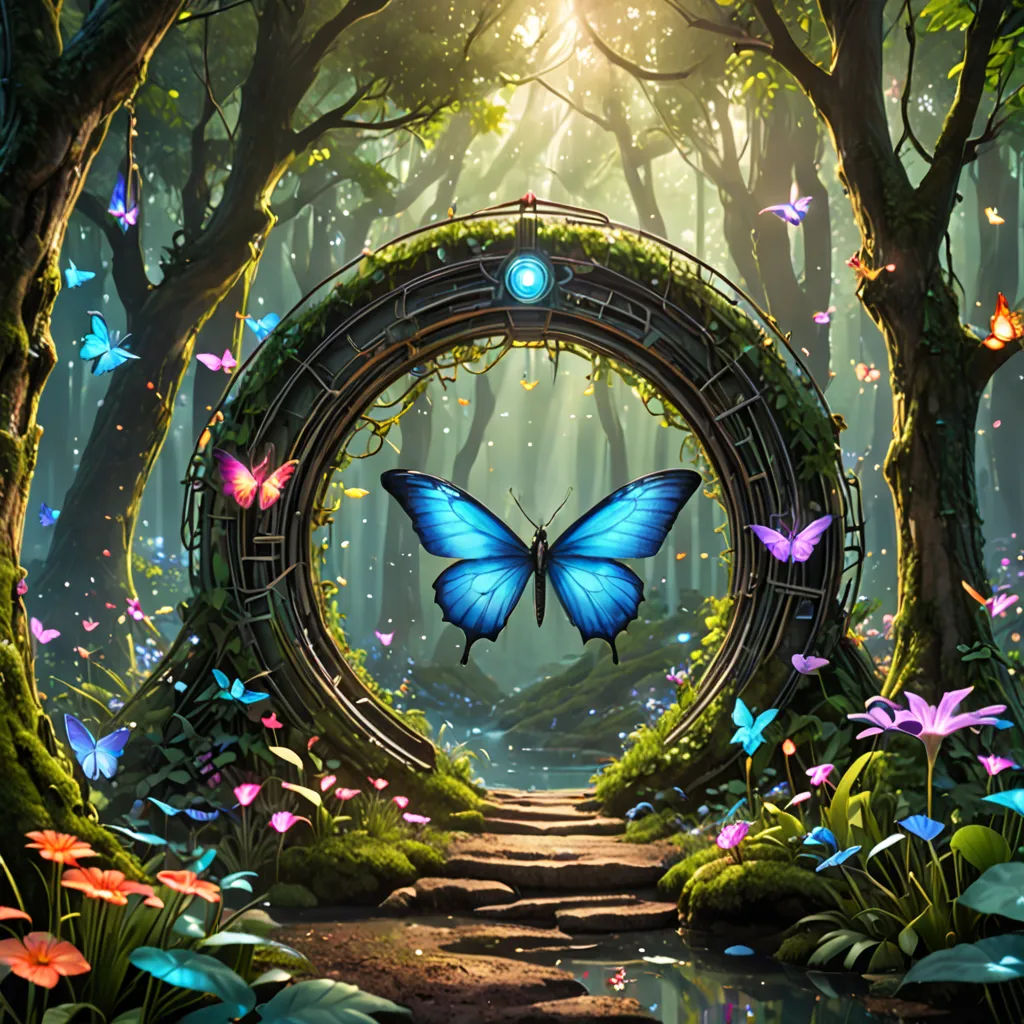 a blue butterfly is flying through a forest with a path through it and a stream of water running through the center, fantasy art, a storybook illustration, Anne Stokes, fantasy artwork