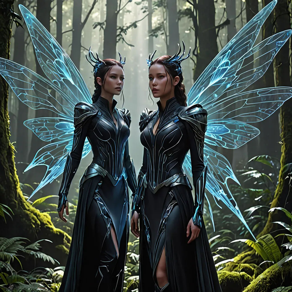 two women dressed in black and blue standing in a forest with trees and ferns on the ground and one of them has a butterfly wings on her back, fantasy art, concept art, Clint Cearley, weta digital