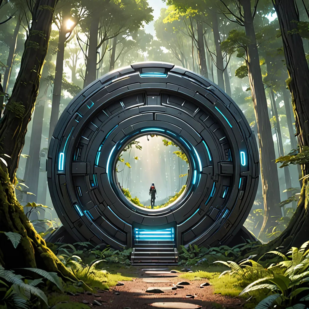 a man standing in a tunnel in the middle of a forest with stairs leading to it and a man standing in the center of the tunnel, computer art, concept art, Filip Hodas, rossdraws global illumination