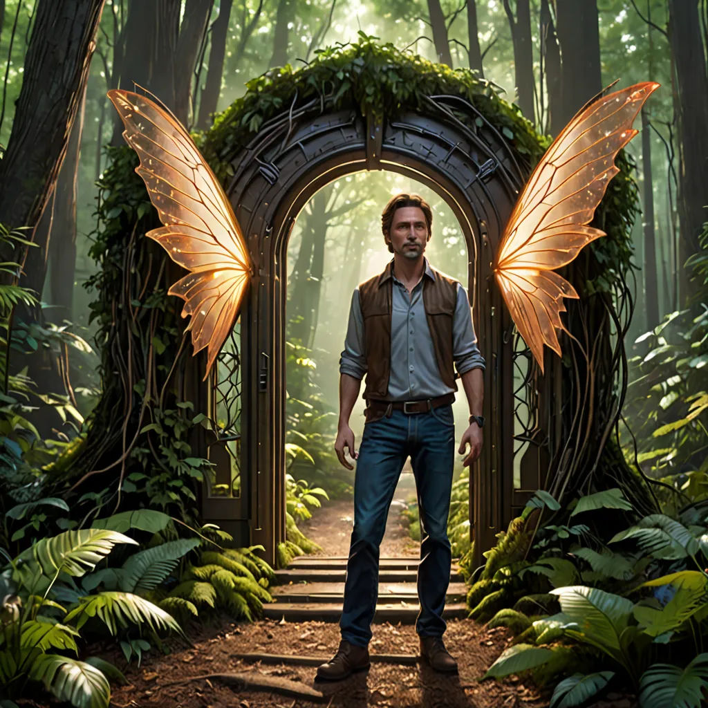 a man standing in a forest with a butterfly wings on his back and a forest scene behind him, with a man in a vest and a forest scene with a butterfly wings, fantasy art, concept art, Clint Cearley, promotional image