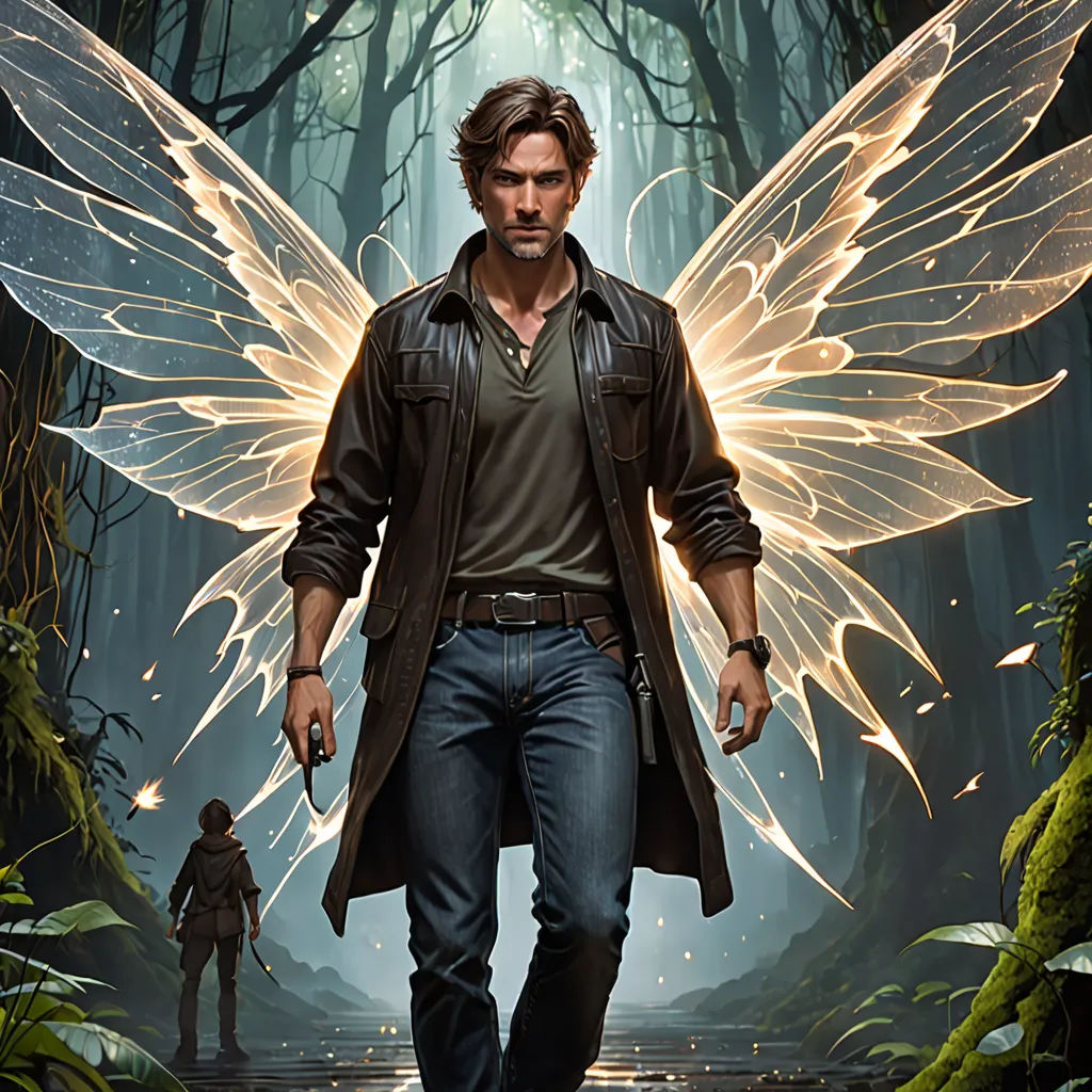 a man with a large butterfly wings walking through a forest with a man in the background holding a knife, fantasy art, concept art, Anne Stokes, key art