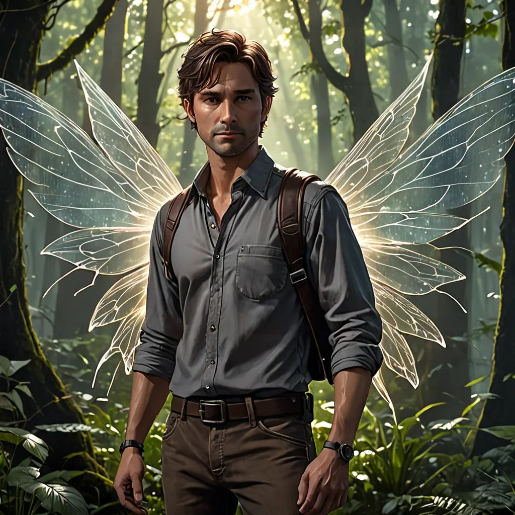 a man with a backpack and wings on his back in a forest with trees and plants, with sunlight shining through the trees, magical realism, concept art, Clint Cearley, promotional image