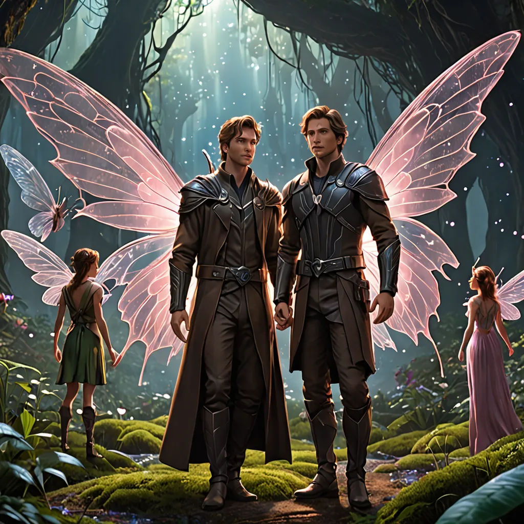 a couple of people standing in a forest with fairy wings on their shoulders and a man in a suit, fantasy art, concept art, Brothers Hildebrandt, official art