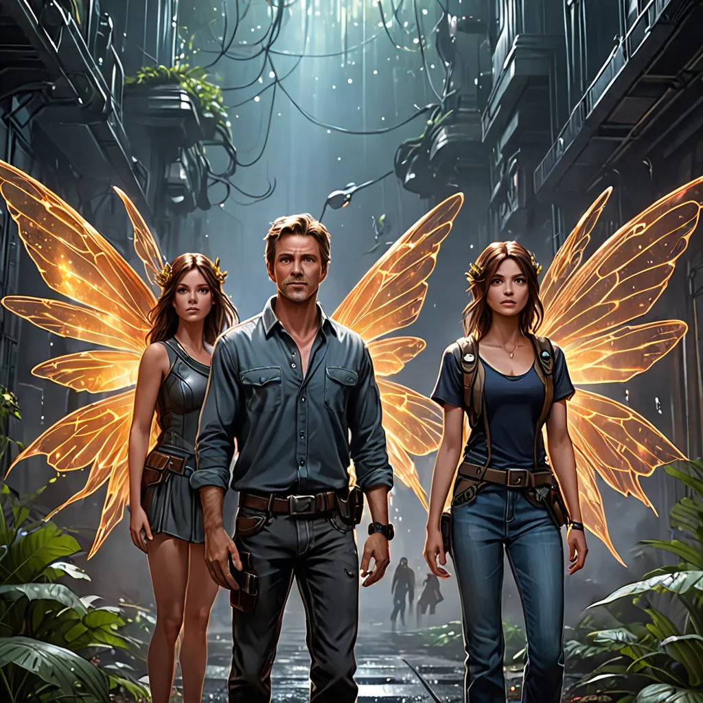 a man and two women standing in a jungle with a butterfly on their back and a man in the background, fantasy art, poster art, Cedric Seaut (Keos Masons), key art