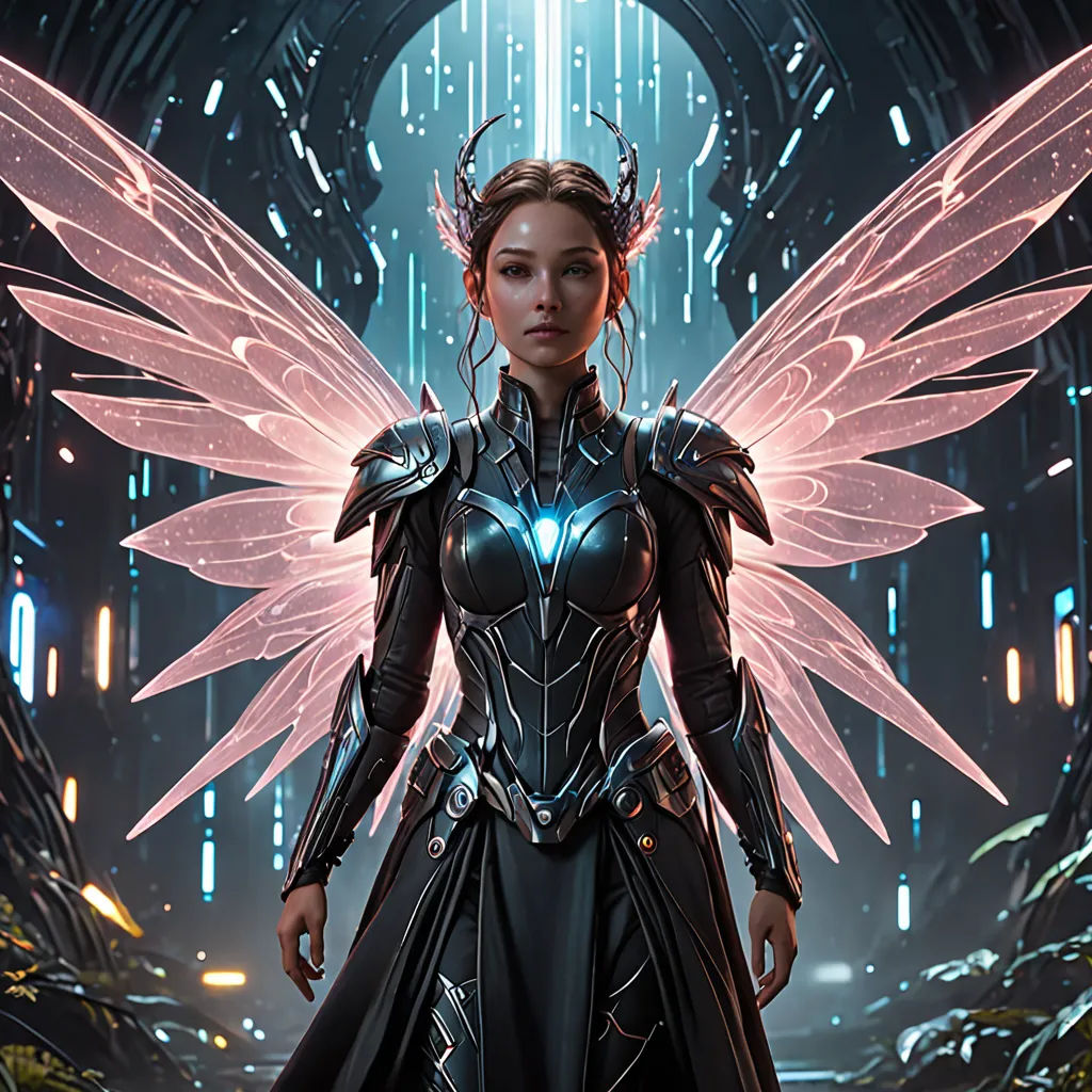 a woman in a futuristic suit with wings on her chest and a halo around her neck, standing in a futuristic setting, fantasy art, concept art, Clint Cearley, magic the gathering artwork