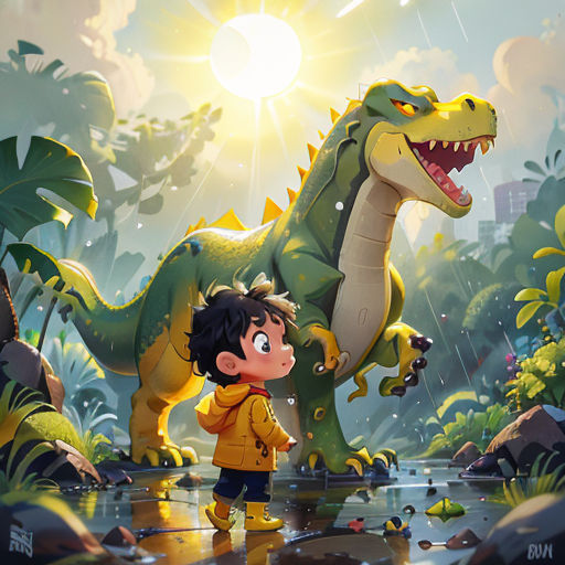 a boy standing next to a dinosaur in a jungle with a sun shining behind him and a boy standing next to it