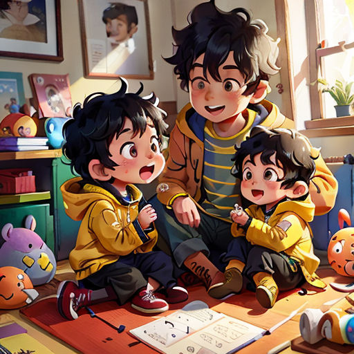 a group of children sitting on top of a wooden floor next to a window and a book on a table