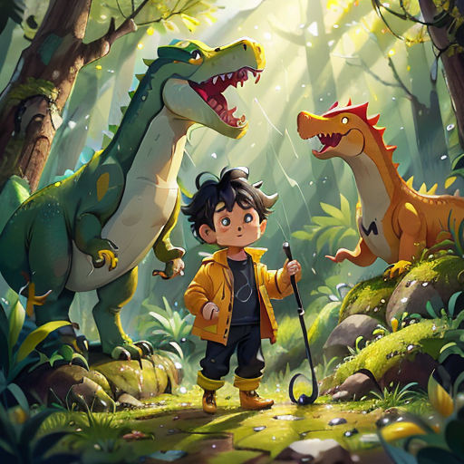 a boy standing in the middle of a forest next to a dinosaur and a boy with a cane in his hand