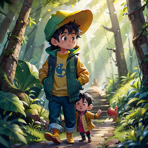 a boy and a girl walking through a forest with a dog on a leash and a bird on a leash