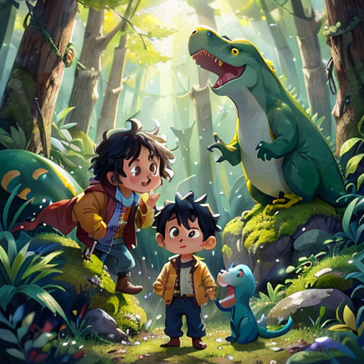 a boy and a boy are standing in the woods with a dinosaur and a dinosaur in the background, and a boy is holding a dinosaur's hand