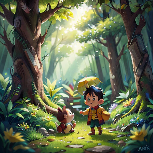 a boy and a dog in a forest with a yellow umbrella and a yellow umbrella over their head,