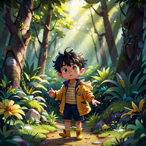 a boy in a yellow jacket standing in the middle of a forest with a yellow umbrella over his head