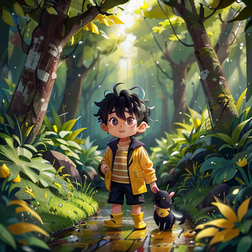 a boy and a dog in a forest with trees and plants on the ground, with a sun shining through the trees