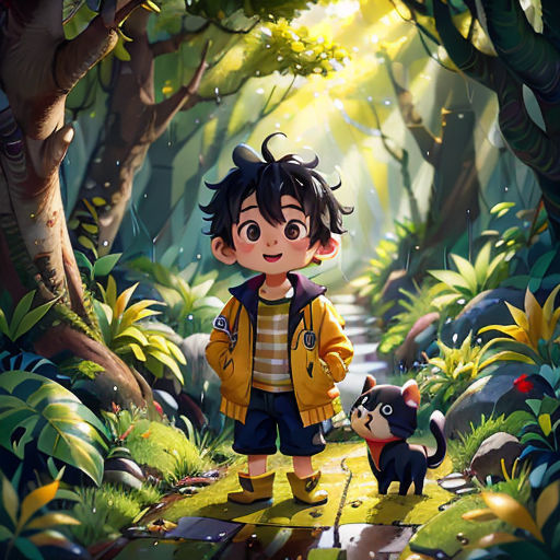 a boy and a dog are standing in the woods together, with a path leading to a forest with trees and a path leading to a forest