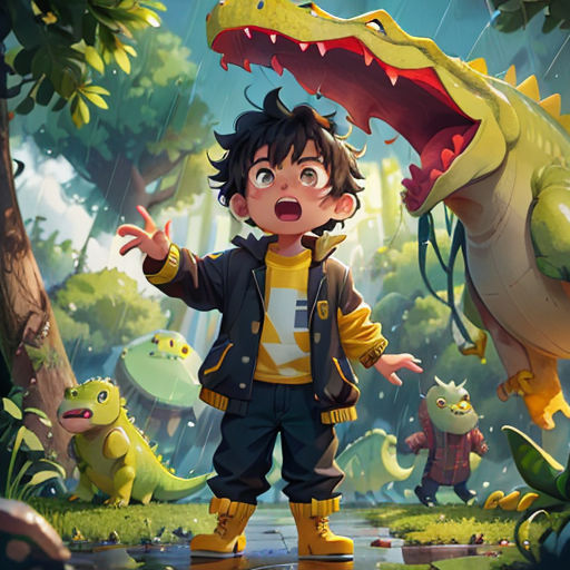 a boy standing in the rain with a dinosaur and other animals behind him, in a cartoon style, with a background of trees and bushes