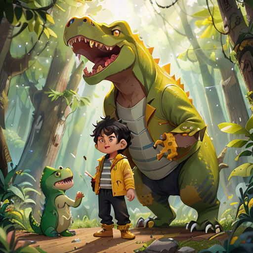 a boy and a dinosaur in the woods with a boy looking at them in front of them, with a dinosaur in the background