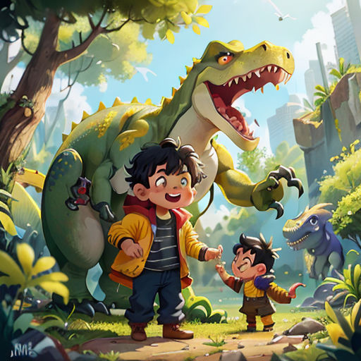a boy and a boy are standing in front of a dinosaur in the jungle with a large dinosaur behind them