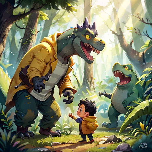 a boy and a dinosaur in the woods with a boy looking at them in front of them, with a dinosaur in the background