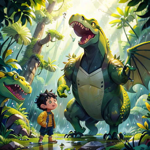 a boy standing next to a dragon in the forest with another dragon nearby and a boy looking at it