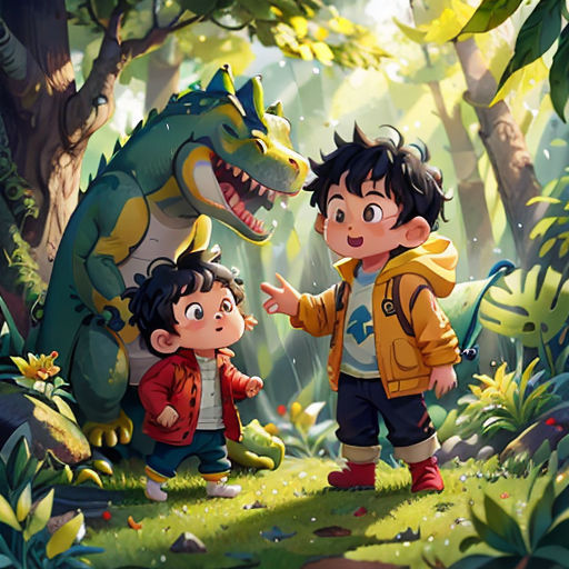 two children standing in the woods with a dinosaur in the background and a dinosaur in the foreground, with a man pointing at a dinosaur