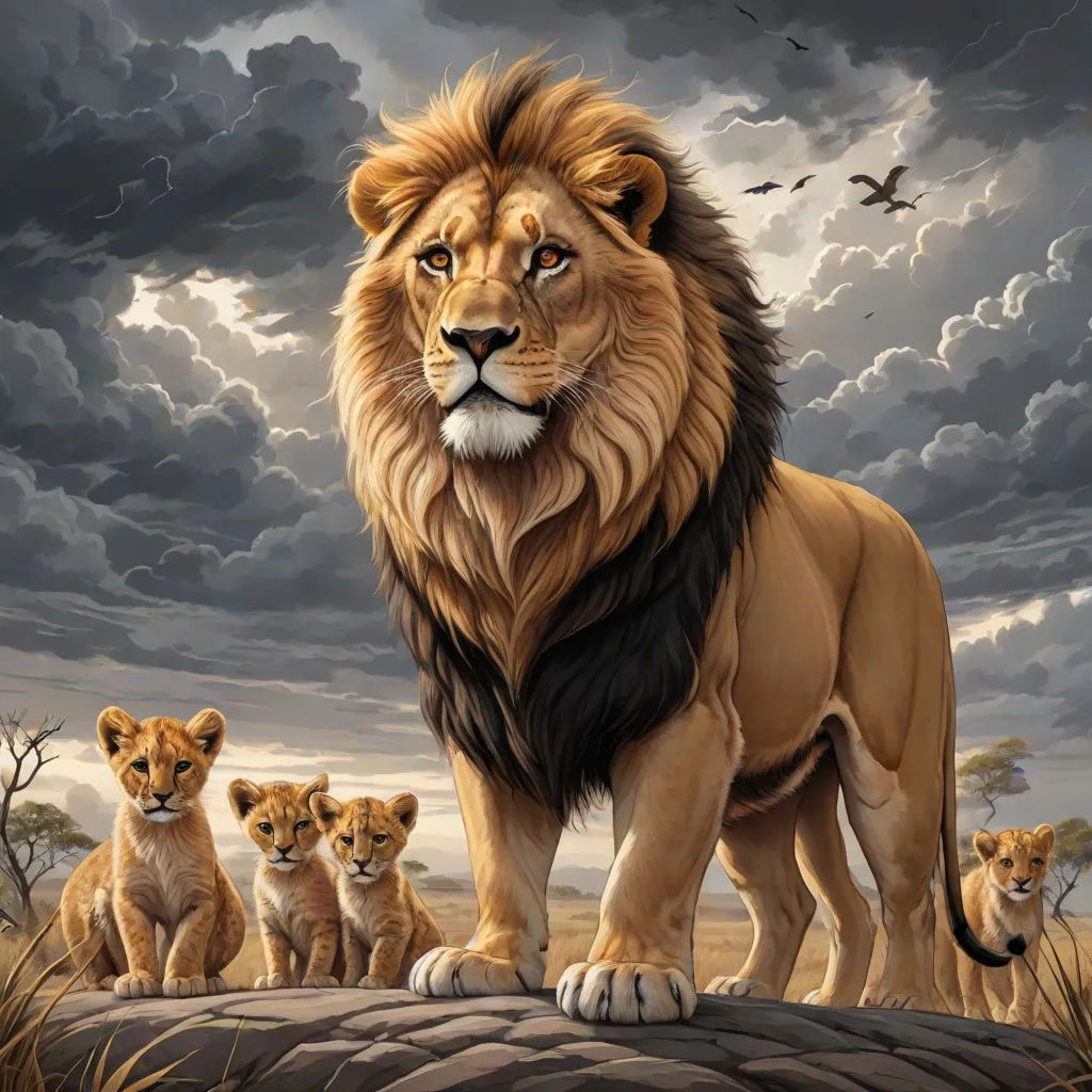 a painting of a lion with four cubs in front of a cloudy sky and a bird in the background, lyco art, an oil painting, Chris LaBrooy, highly detailed digital painting
