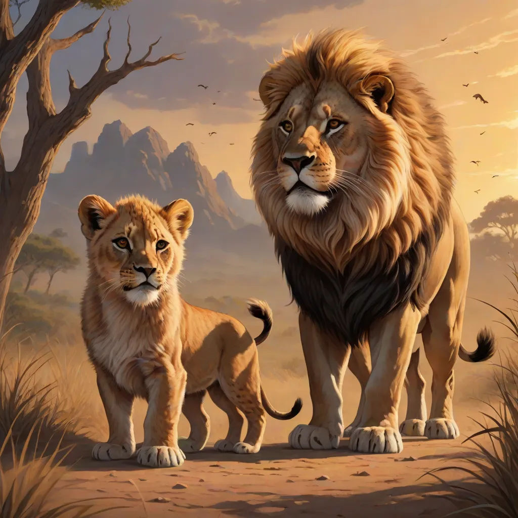a painting of two lions standing next to each other on a dirt road with a mountain in the background, fantasy art, an airbrush painting, Brothers Hildebrandt, highly detailed digital painting