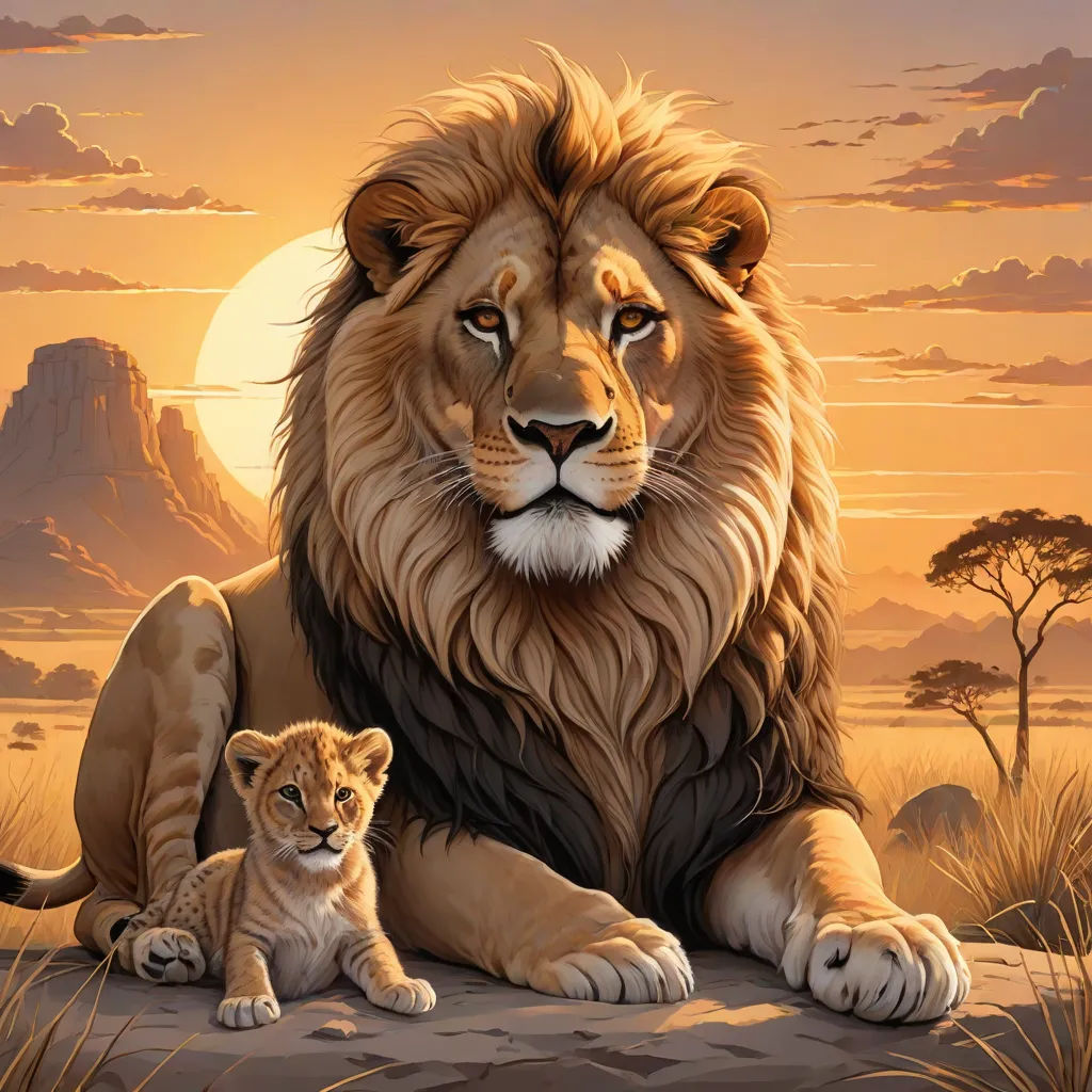 a lion and a cub sitting on a rock in the desert at sunset with a mountain in the background, furry art, an oil painting, Brothers Hildebrandt, highly detailed digital painting