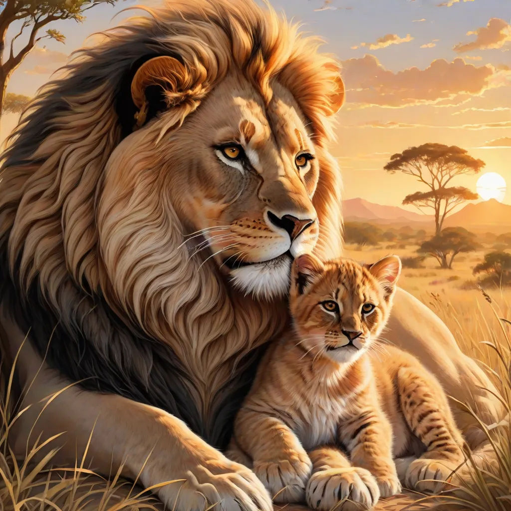 a lion and a kitten sitting in the grass together in front of a sunset with trees and hills in the background, furry art, an oil painting, Brothers Hildebrandt, oil painting