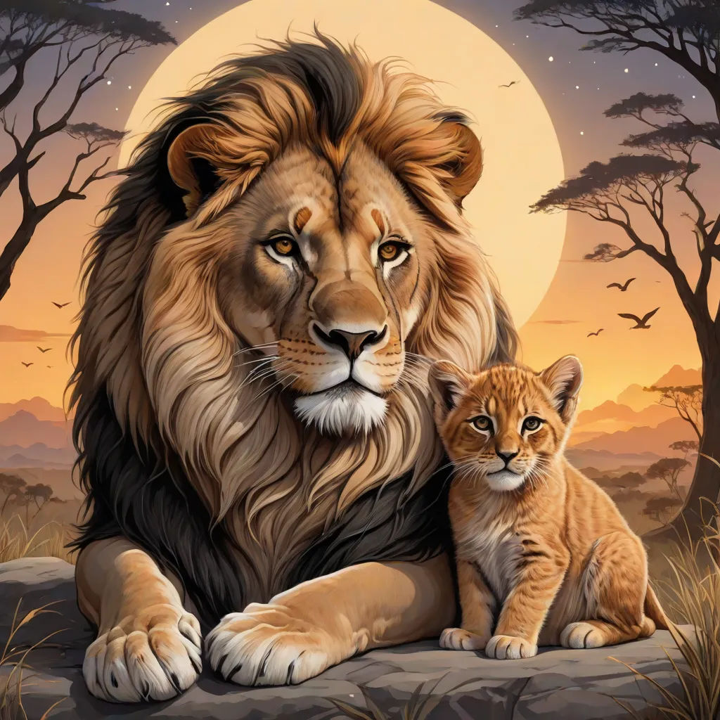 a lion and a kitten sitting on a rock in front of a full moon with trees and birds in the background, fantasy art, a digital painting, Chris LaBrooy, highly detailed digital painting