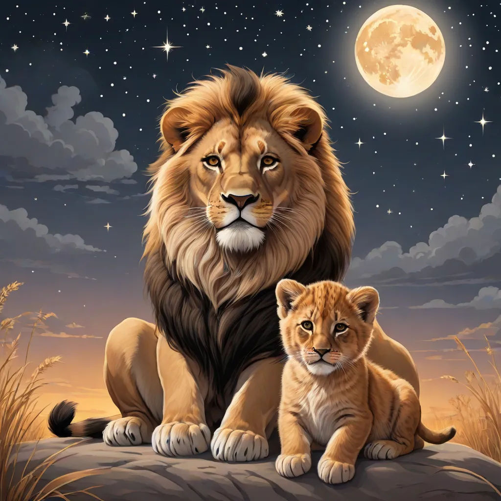 a lion and a cub sitting on a rock under a full moon sky with stars and clouds in the background, furry art, an oil painting, Anne Stokes, wildlife photography