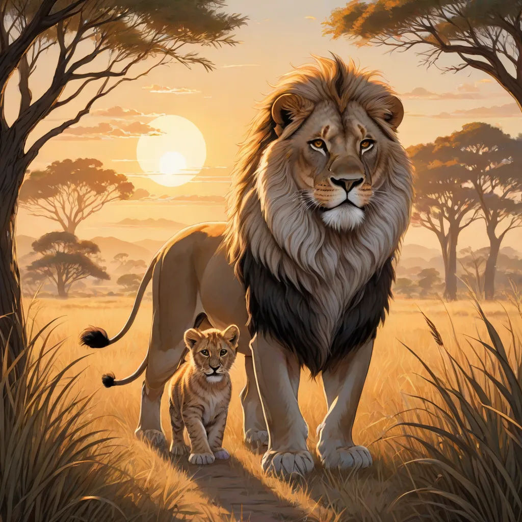 a lion and a cub are standing in the grass near trees and a sunset in the background with a sun setting, fantasy art, an oil painting, Brothers Hildebrandt, oil painting